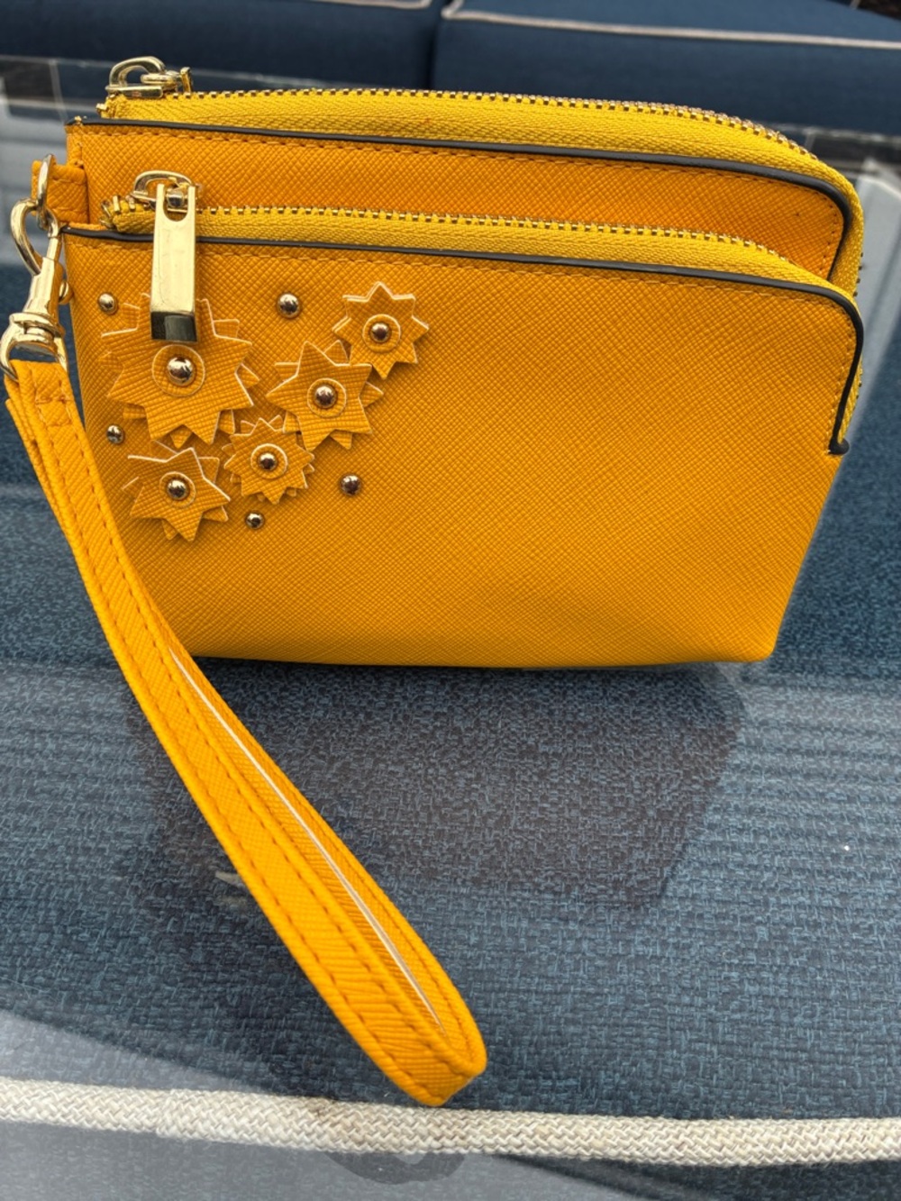 Yellow Floral Accent Double-Zip Wristlet